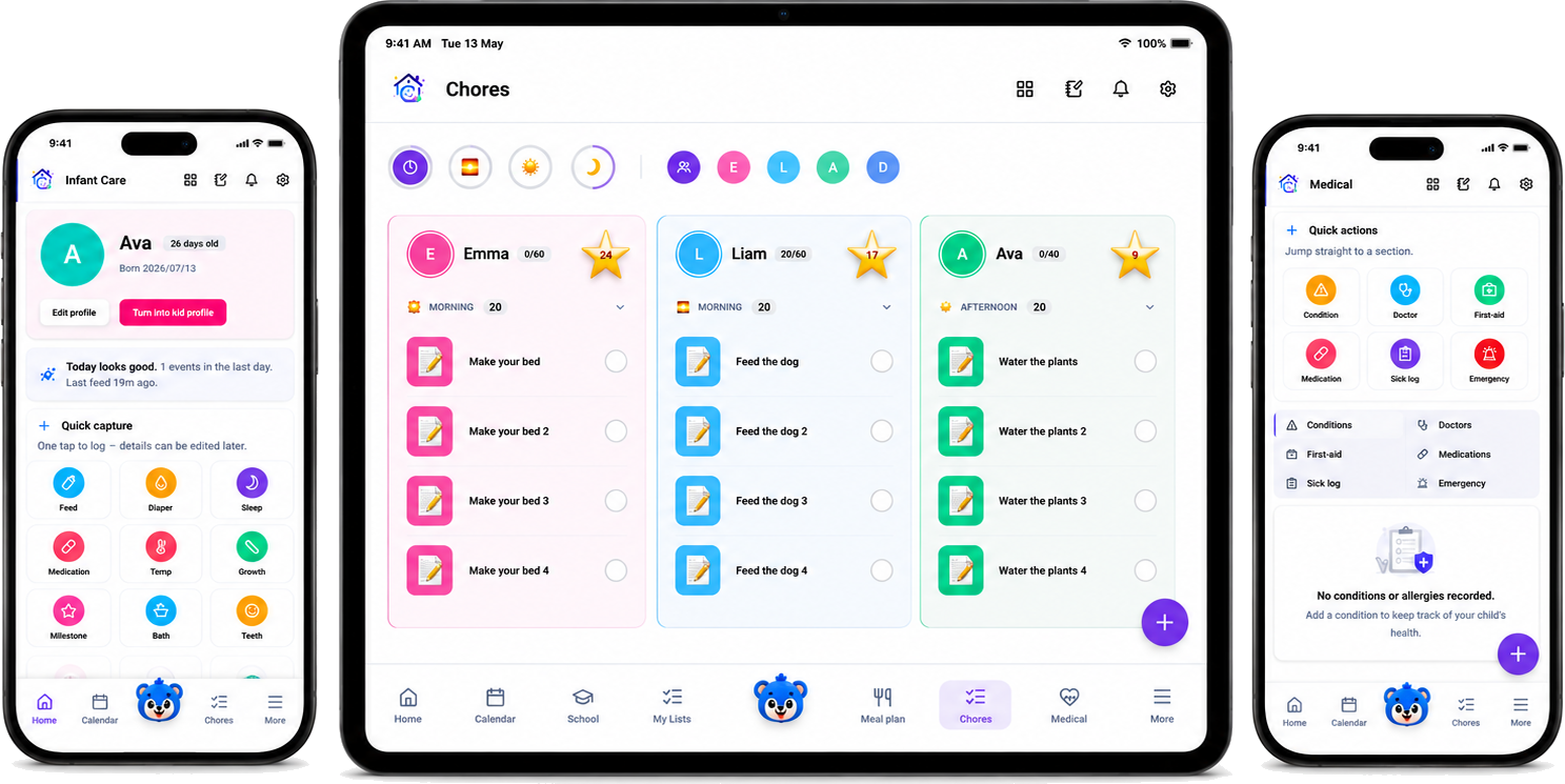 Chores & Co running on two phones and a tablet